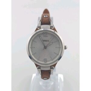 Vtg FOSSIL Georgia ES3060 Ladies Watch Brown Leather Strap Silver Dial New Batt